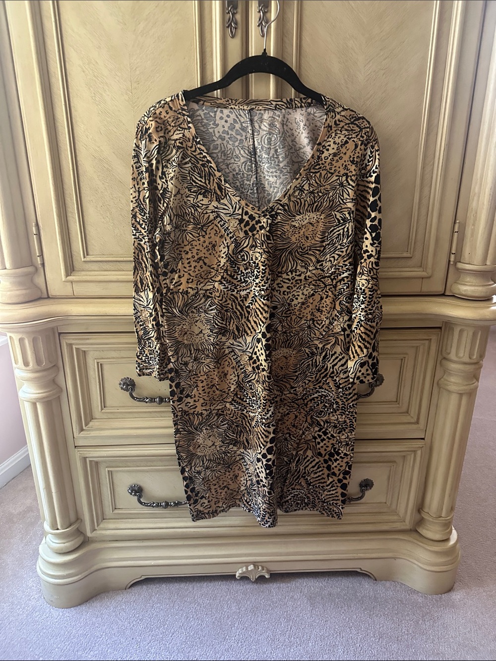 Lilly Pulitzer S Animal Print V-Neck Tunic Dress - Black & Tan